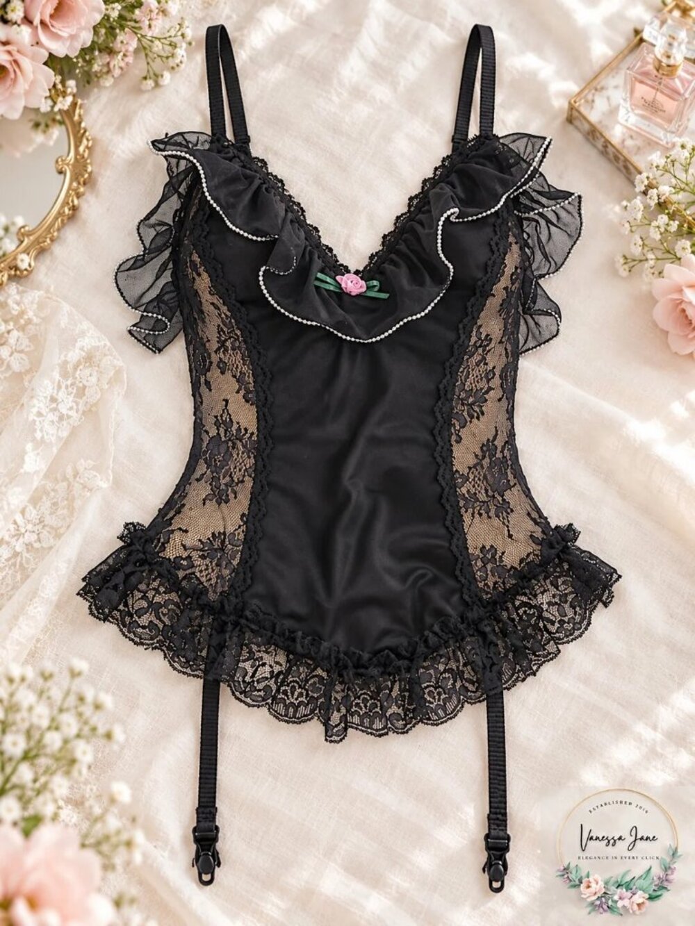 Nani Flower Lace Chemise With Garter Straps, Size Medium